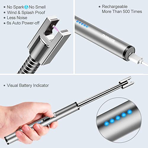 RONXS Candle Lighter, Electric Arc Lighter with LED Battery Display Safety Switch, USB Rechargeable Lighter w/Longer Flexible Neck for Camping Cooking BBQs Fireworks