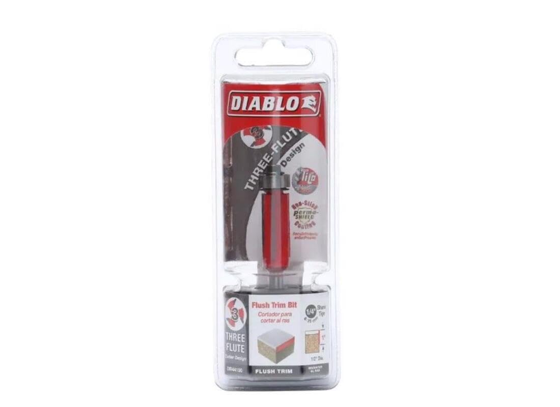 Diablo Flush Trim Router Bit - Cuts Hardwood, Softwood, Plywood, Composite Materials - 1/2" Dia, 1/4" Shank, Tico Carbide, Anti-Buildup Coating, 3-Flute - DR44100