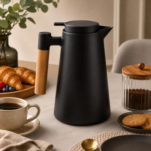 Garrafa Térmica Nórdica 1L com Cabo em Madeira Premium Conserva Quente e Gelado Design Escandinavo Premium Preta para Café e Chá Tampa Rosqueável com Sistema de Pressão Mesa Posta