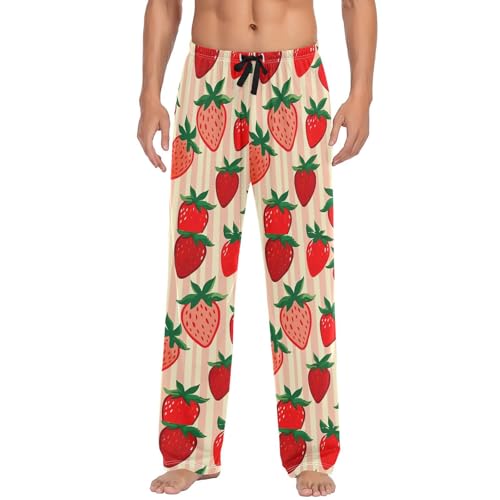 Men’s Strawberry Pattern Pajama Pants with Pockets, Comfortable Lounge Sleep Bottoms#393