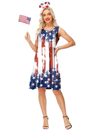 Image of Deerose 4th of July Dress for Women Sleeveless American Flag Patriotic Elastic High Waist Sundress