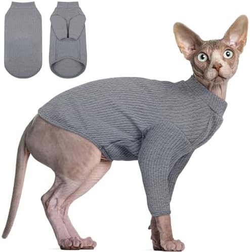 DENTRUN Sphynx Hairless Cats Shirt, Pullover Kitten T-Shirts with Sleeves, Breathable Cat Wear Turtleneck Sweater, Adorable Hairless Cat's Clothes Vest Pajamas Jumpsuit for All Season