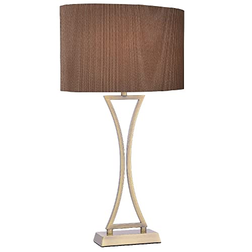 Antique Brass Modern Concave Curved Table Lamp with Brown Oval Micro Pleat Shade | 53cm Height | 1 x ES E27 Lamp Bulb Required (Not Included) | Inline Switch | UK Approved | Contemporary Design