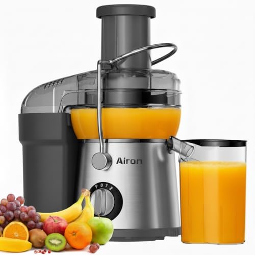 Juicer Machine, Airon Centrifugal Juicer Extractor, Max Power 800W, 3' Wide Feed Chute for Fruit Vegetable, Juice Maker with 3-Speed Setting, High Juice Yield, Easy to Clean, Stainless Steel, BPA Free