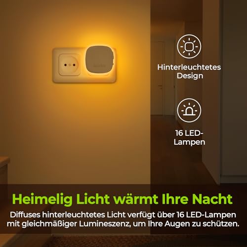 AUVON Nachtlicht Steckdose mit Bewegungssensor und Dämmerungssensor, 2 Stück Warmweißes LED hinterleuchtete Nachtlicht mit 1-50 lm, Helligkeit Einstellbar für Flur, Treppe, Schlafzimmer (Bernstein) 2