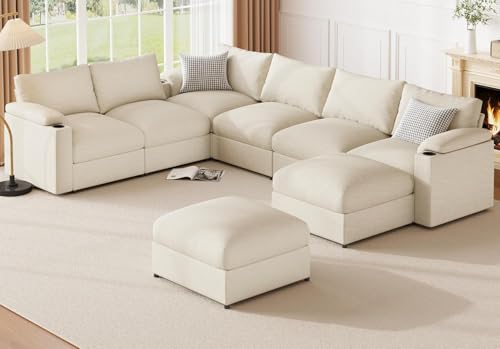 HOMYHOMEY Modular Sectional Sofa Couch for Living Room Velvet Couches Oversized U Shaped Convertible Sleeper Sofa Chaise Detachable Armrest Cushion Cup Holder (Chenille White, 8 Seats)