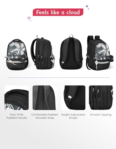 Image of Genie Petalis School Backpack For Girls |19 Inch-40 Litres With Laptop Sleeve, Rain cover, Three Compartments, |Best for Books, Water Bottles, Stationery, Laptop, Lunch Box & Essentials - Black