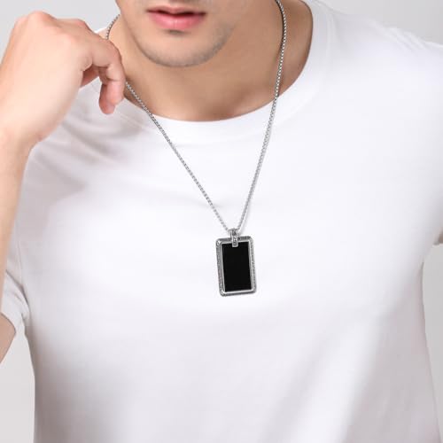 LaSua Dog Tag Chain Pendant Stainless Steel Necklace for Men Women Black Enamel with Meander Pattern Mens Necklace with 24 Inch Box Chain Gifts for Him Mens Jewelry by LaSua - Used condition - Image 2