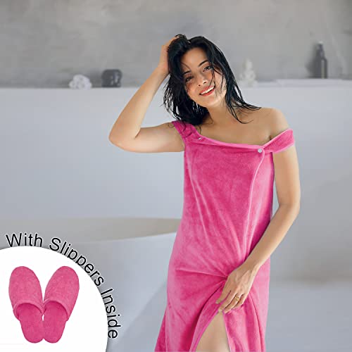 Image of Sassoon Venir Microfiber Bath Wrap Towel with Slippers for Women (Pack of 1) - Coral Pink Color,450 tc