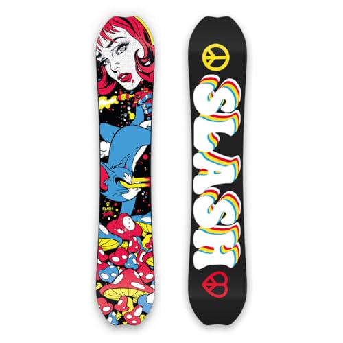 Slash by Gigi, Happy Place Thumbs Snowboard, Carbonbon, Bi-Ax Fiberglass, Pop Woodcore, Sintered Base 7500, Belt Finish, Impact Dampening, Steel Edges, Factory Waxed, Tip Protectors, 150