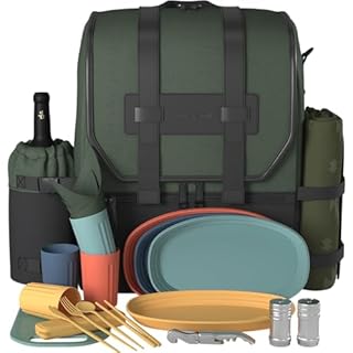 Fern & Soul Picnic Backpack for 4 - Stylish Insulated Picnic Basket Set with Blanket, Wine Cooler Bag, Unbreakable Dinnerware Set Made to Last - Engagement Gifts for Couples, Family, Beach, Camping