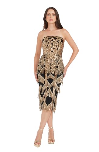 Dress the Population Women's Viviana Cathedral Sequin Fringe Embroidery On  Tulle, Midi, Bodycon, Square Neck Dress, Gold-Black, XX-Small at Amazon  Women's Clothing store