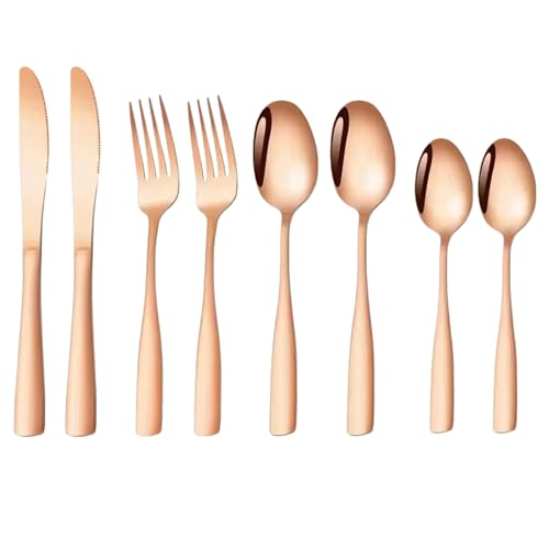 Image of aDai Rosegold Silverware Set, Satin Finish | 8-Piece Stainless Steel Flatware Set | Dishwasher Safe Kitchen Cutlery for Home, Restaurant & Gifting