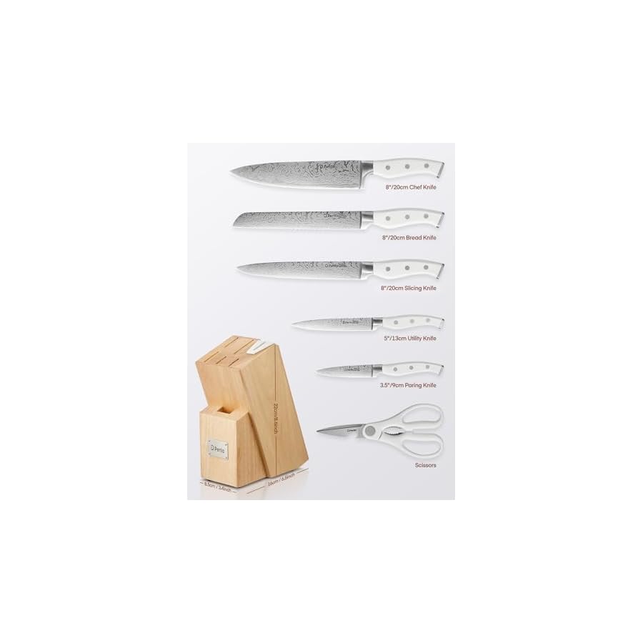 Knife Set, D.Perlla 8 Pieces Kitchen Knife Set with Built-in Sharpener, HIgh Carbon German Stainless Steel Knife Block Set with Unique Waved Pattern, Non-slip Handle, White