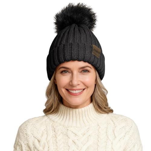 ZOORON Beanies for Womens Winter Knitted Beanies Hats with Faux Fur Pom Warm Knit Skull Cap (1Pack-Black)