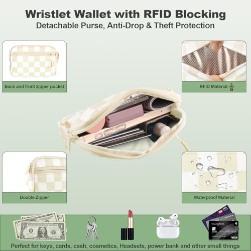 Image of YFWE Clip and Go Strap for Phone with Wallet Crossbody, Adjustable Phone Lanyard with Detachable RFID Wristlet Wallet, Phone Strap with Phone Tabs for All Phones, Cream Checkered (M)