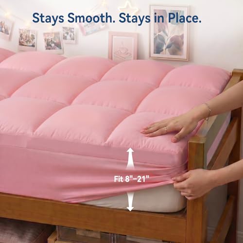 Image of ELEMUSE Pink Twin XL Mattress Topper for College Dorm, Plush Pillow top | College dorm room essential for girls&guys, overfilled filling adds plush comfort, deep pocket design fits twin xl mattresses
