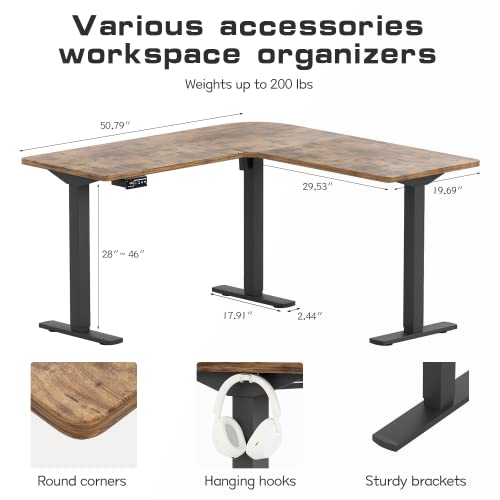 Shahoo L-Shaped Corner Standing Desk, Electric Height Adjustable Table, Home Office Workstation, 50X50 Inch, Black Frame/Rustic Top #TOP6