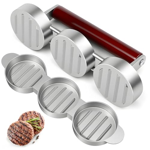 Oqqlin Mini Burger Press Meat Sausage Patty Maker to Make 3 Patties at A Time 2.76 Inch Aluminum Alloy Round Shape Patty Press for Mini Hamburger Meat Pie Patties Rice Barbecue Picnic