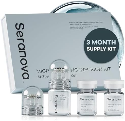 Seranova Micro Infusion System for Face & Neck 0.05mm Stamp with Hyaluronic Acid & Collagen Peptide Serum for Firmer Smoother-Looking Skin, Easy 5-Minute At-Home Skin Care Application - 3 Month Supply