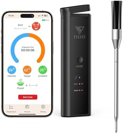 DOQAUS Bezprzewodowy termometr do mięsa, 158 m, Bluetooth, 1S, odpowiedź na meat, IPX7, wodoodporny, do grilla, piekarnika, wędzarni, rożna, Airfryer, bezpieczny w zmywarce