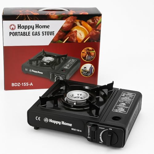 Hornillo de gas portátil Happy Home BDZ-155-A | Estufa de butano para camping, picnic, viajes, exterior | Encendido piezoeléctrico, con maletín de cartón