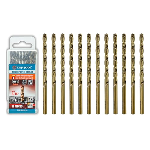 CORTOOL 3/16 inch Cobalt Drill Bits (12Pcs) M35 HSS Metal Jobber Length Twist Drill Bit Set for Hard Metal Stainless Steel Iron Copper Aluminium Brass Plastic & Wood