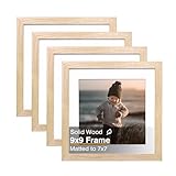 KINLINK 9x9 Picture Frame, Natural Square Solid Wood Frames for Pictures 6x6 with Mat or 9x9 without Mat, Wall and Tabletop Display Photo Frames Natural Wood 4 Pack