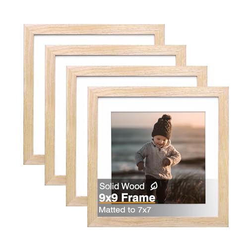 KINLINK 9x9 Picture Frame, Natural Square Solid Wood Frames for Pictures 6x6 with Mat or 9x9 without Mat, Wall and Tabletop Display Photo Frames Natural Wood 4 Pack