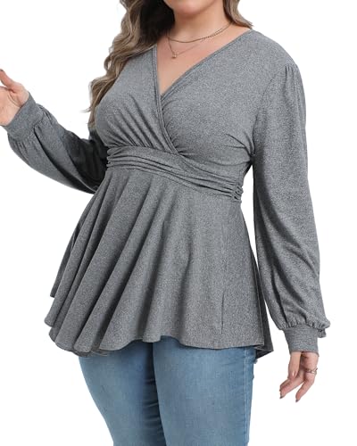 Plus Size Tops for Women Lace Long Sleeve Fall Shirts Casual Dressy Wrap V Neck Pleated Tunic Top3