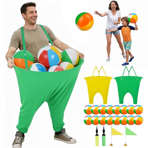 Granny Pants Yard Game for Teens & Adults, 2 Giant Pant with Suspenders, 16 Bouncy Balls, 2 Pumps & 2 Flags, Hilarious Outdoor Tossing Relay for Backyard Party, Family Reunion, Team Building(Ages 8+)