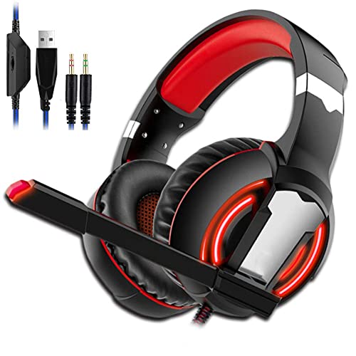 QESTO ACT Casque de jeu PS4 filaire avec microphone pour PS4, Xbox One, ordinateur portable, tablette, joueur (rouge)