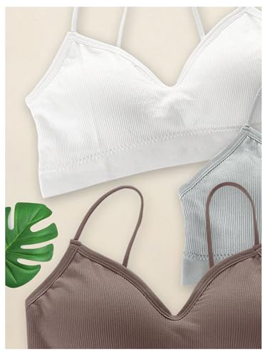 OYOANGLE Girl's 3 Pack Training Bras Ribbed Knit Spaghetti Strap Bralette Bra V Neck Padded Everyday Bras3