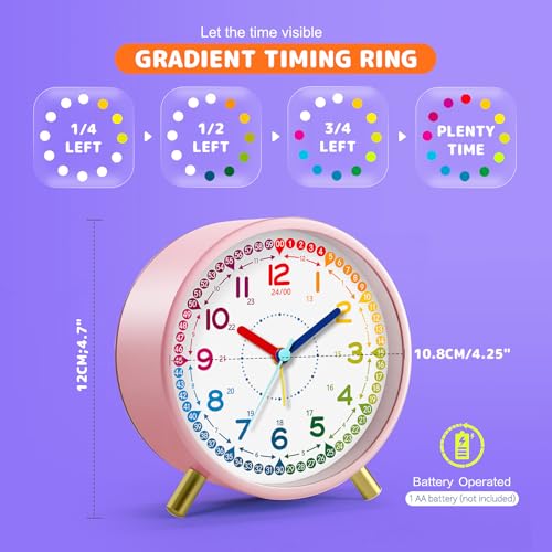 Kids Alarm Clock, Silent Non-Ticking, Analog Learning Clock for School Beginners, Stylish Round Metal Clock, Easy to Read, Battery Operated, Loud Ringing Back to School Gifts - Image 4