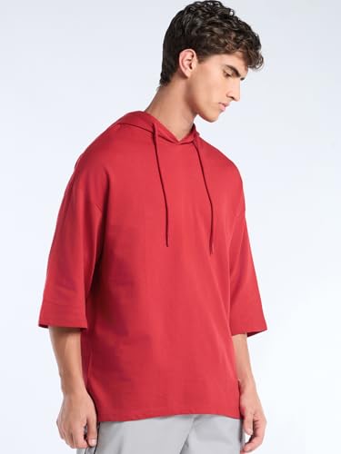 Image of Bewakoof Men's Solid Oversized Fit Half Sleeve Hooded Cotton T-Shirt