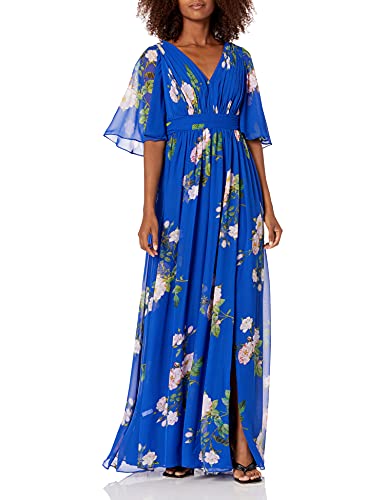 Adrianna Papell Women's Floral Chiffon Dress with Flutter Sleeves Formal Night, Royal Multi, 6