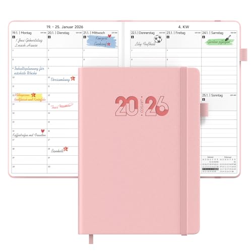 JAYSOO® Kalender 2026, A4 Wochenplaner 21x28cm Tageplan und Stundenplan, 12 Monate Terminplaner Hardcover (Jan.-Dez.2026) für Arbeit, Lernen und Familienplan - Rosa