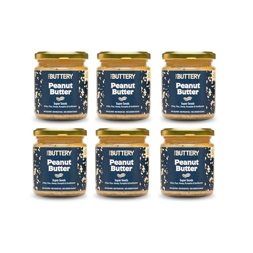 The Buttery – Peanut Butter Super Seeds/Crema de Cacahuete con Semillas, 100% Cacahuete Alto Oleico Saludable, Sin Aceite de Palma ni Azúcares Añadidos ni Gluten - 220g - 6 Pack