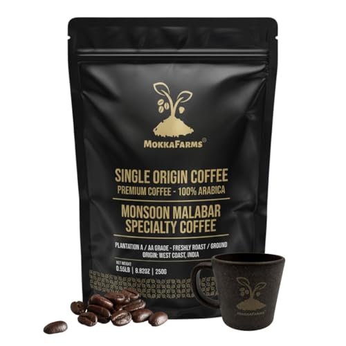 MokkaFarms Specialty Coffee - Monsoon Malabar 250g | Pour Over, Medium-Dark Roast, 100% Arabica | Single Origin Plantation/Washed A/AA Grade | One Way Valve Zip Lock Bag |
