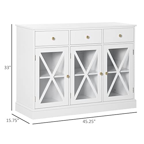 Homcom 45" Farmhouse Sideboard Buffet Cabinet, Credenza,Coffee Bar Cabinet With Glass Doors And 3 Drawers, White #TOP2
