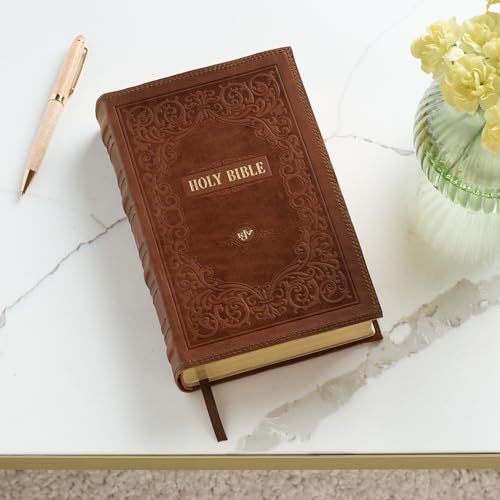 Image of KJV Holy Bible, Giant Print Standard Size Premium Full Grain Leather Red Letter Edition - Thumb Index & Ribbon Marker, King James Version, Brown Debossed, 14 pt. Type