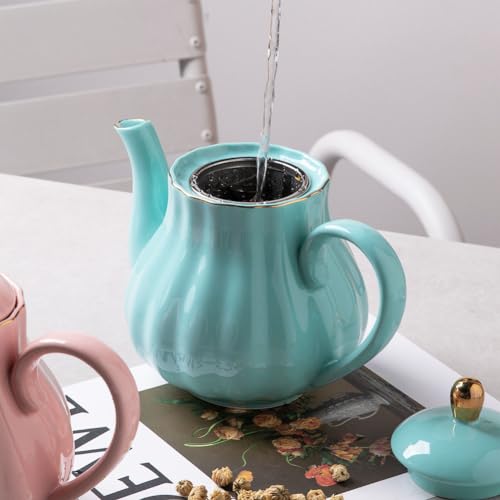 Image of Sweejar Royal Teapot, Ceramic Tea Pot with Removable Stainless Steel Infuser, Blooming & Loose Leaf Teapot - 40 Ounce (Turquoise)