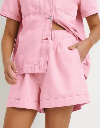 Image of Kedera Summer Denim Set for Women 2 piece Casual Short Sleeve Boxy Shirt Tops and Shorts Pants Lounge Sets Outfits