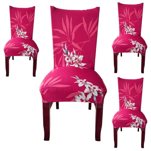 Image of Styleys Chair Covers for Dining Room, Stretch Dining Chair Cover, Washable Spandex Kitchen Chair Slipcovers (Set of 4, Red White Lilly, SD3223)