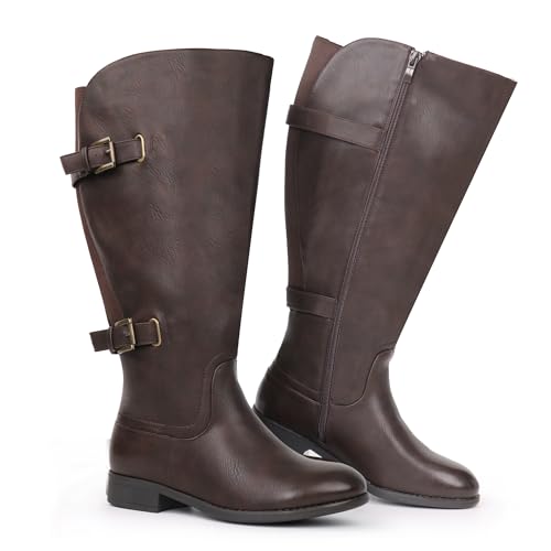 Women's Classic Extra Wide Calf Flat Heel Double Buckle Back Stretch Knee High Boots