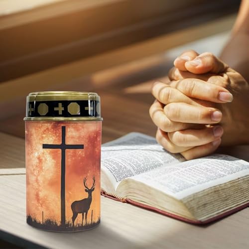 Image of Poceacles 4 Pieces Solar Powered Cross Lights - Flameless Cemetery Votive Candles, Waterproof Memorial Stake Lights for Outdoor Home Decoration, Deer Cross Galaxy Orange