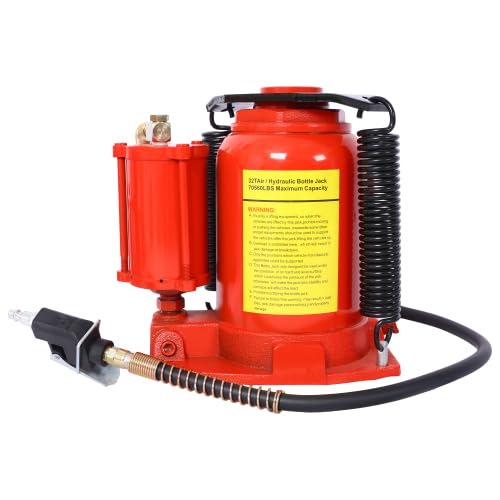 Air Hydraulic Bottle Jack, 32 Ton/70550 LBS All Welded Bottle Jack, 10-16.3 inch Lifting Range, Manual Handle and Air Pump, for Car, Pickup, Truck, RV, Auto Repair, Industrial Engineering (Red)