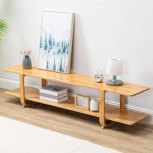 Soporte de TV de bambú para televisores de hasta 65 pulgadas, mesa consola moderna de mediados de siglo con 2 estantes abiertos, elegante centro de entretenimiento para sala de estar y dormitorio