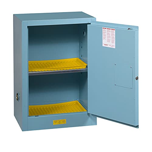 Image of Justrite Acid Corrosive Storage Cabinet - 12 Gallon 1 Door Manual Close Chemical Storage Cabinet with Removable Polyethelene Trays - 18 inch x 35 inch x 23 inch - Made in The USA - Light Blue - 891202