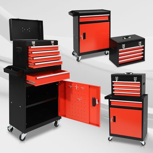 AJP Distributors Tool Box Organizer,5-Drawer Garage Storage Cabinets Lockable Wheels&Sliding Drawers&Detachable Top&Adjustable Shelf,Tool Box Organizers and Storage for Garage Workshop (Black&Red)